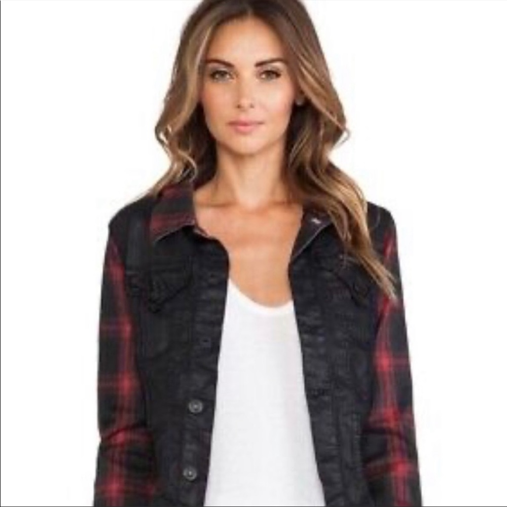 Hudson Black Jean Jacket with Red Plaid